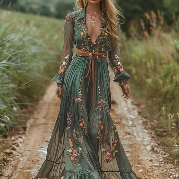 Whimsical Maxi Dress Green Floral Print Long Sleeve Boho Chic Button Down Tiered - Picture 1 of 12